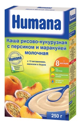 Каша Хумана кукуруза/рис/молоко/персик/марак.250г с 8-ми мес.(Германия/Humana GmbH - Германия)
